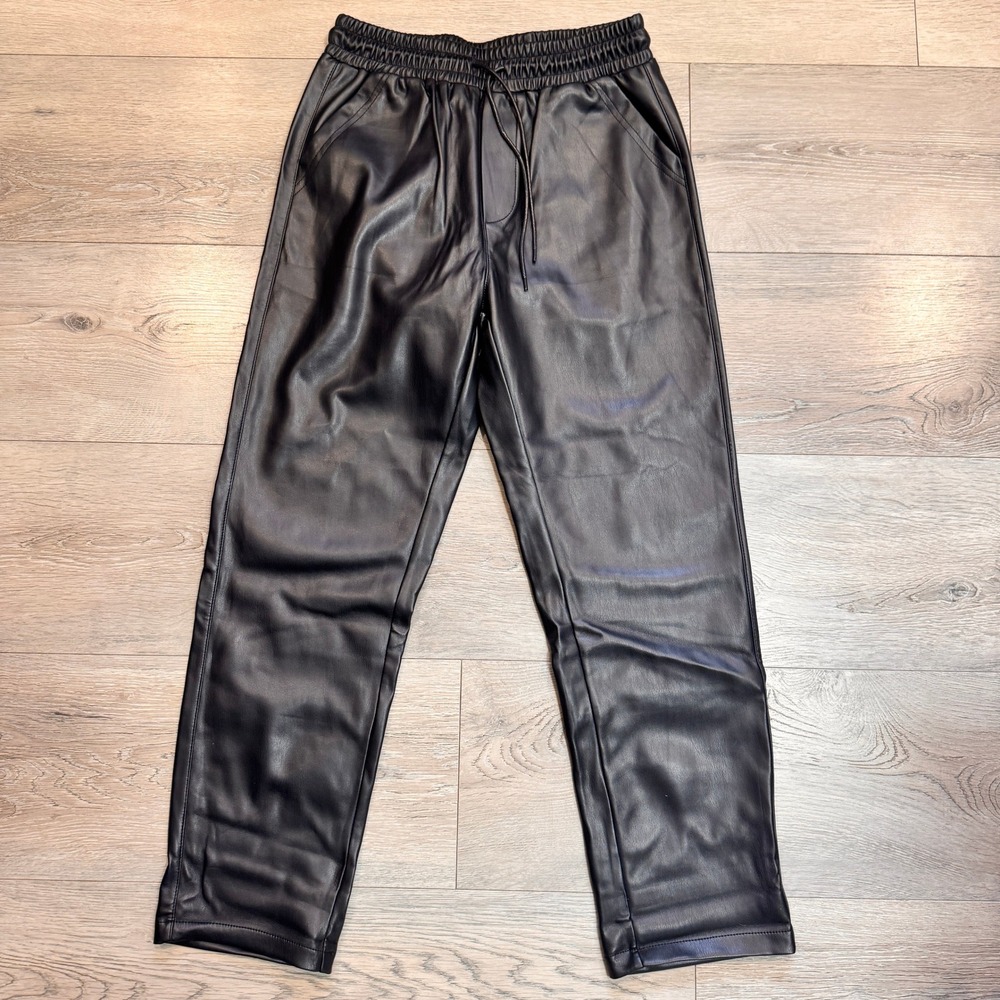 NWT Womens Black Faux Leather Jogger Pants Small S Drawstring Pockets‎